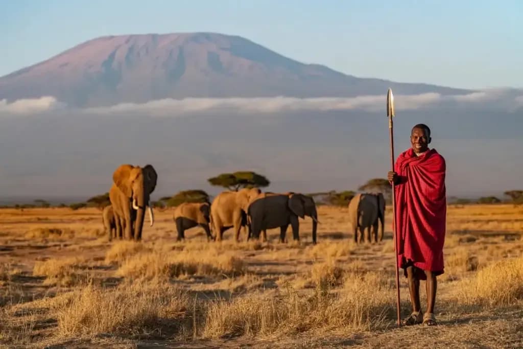 Maasai man in a red shuka holding a spear in front of elephants and Kilimanjaro