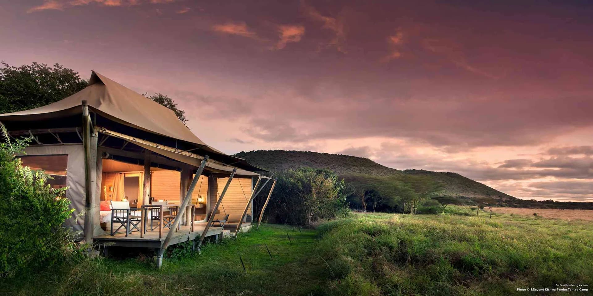 Luxury safari tent in the Maasai Mara at sunset