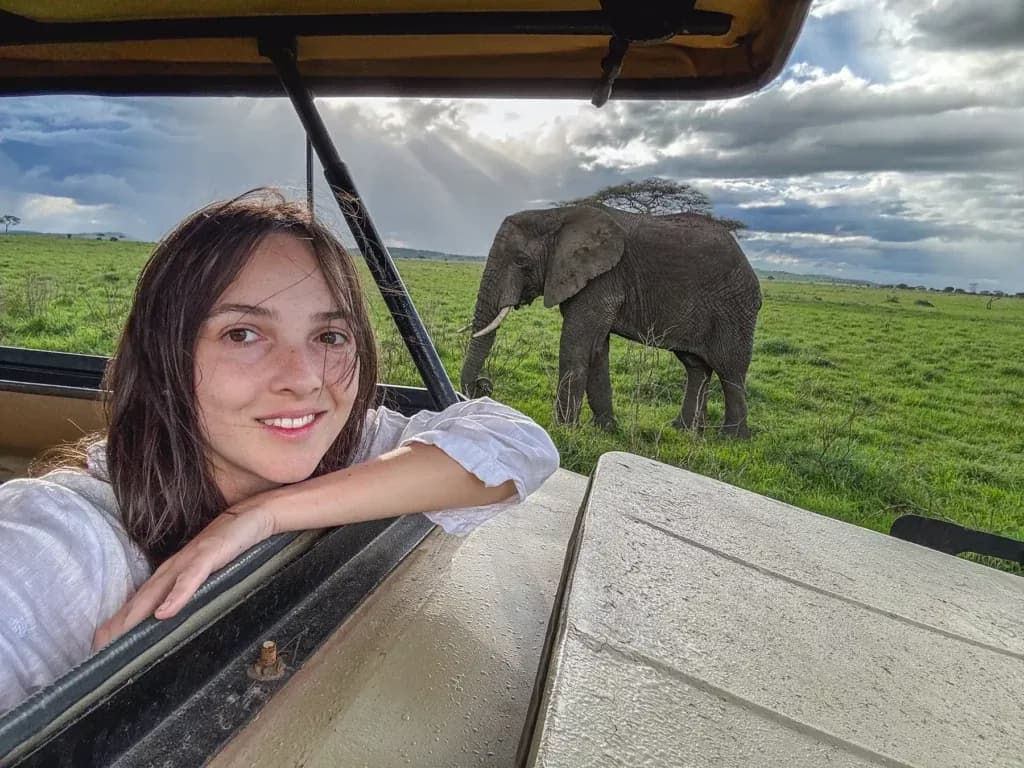 Guest leaning out of an open safari vehicle as an elephant grazes on green plains