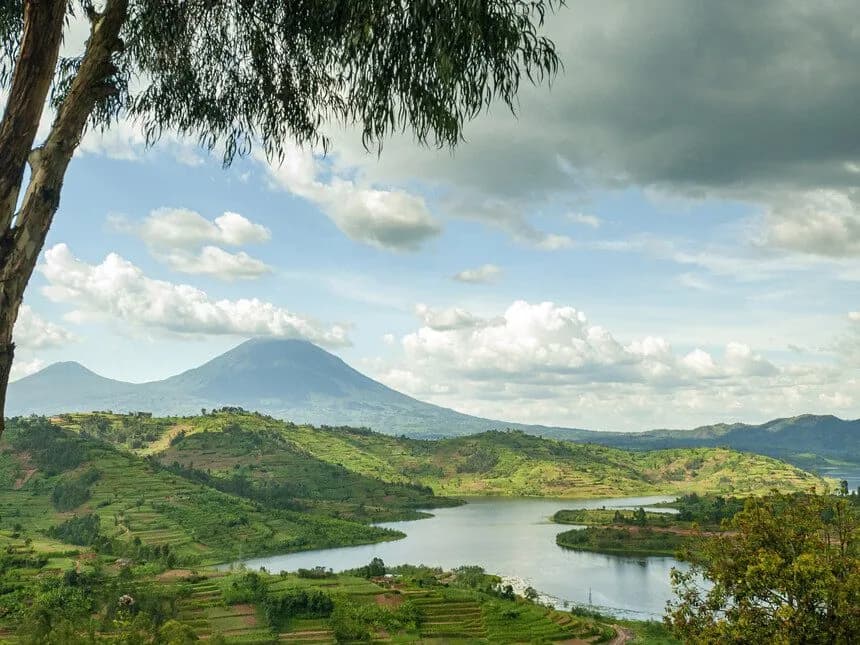 Virunga volcanoes rising above cloud in northern Rwanda
