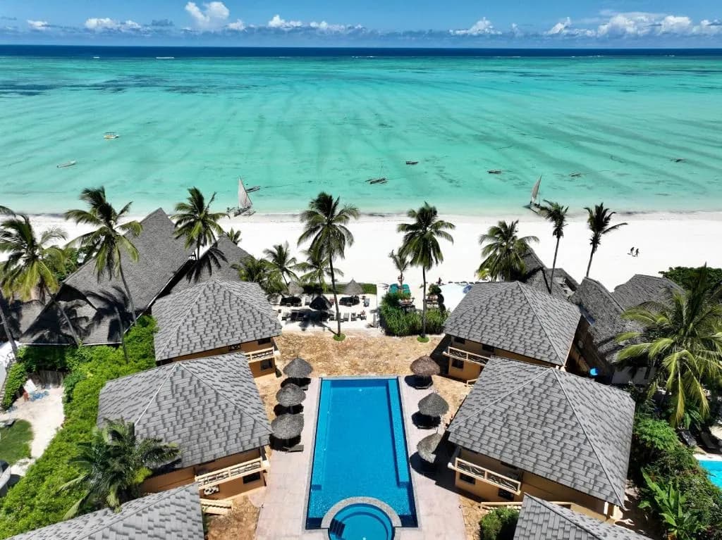 Aerial view of a beach resort on the Zanzibar coast