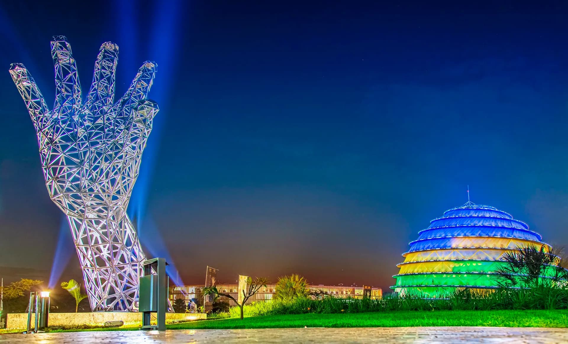 The domed Kigali Convention Centre lit at dusk