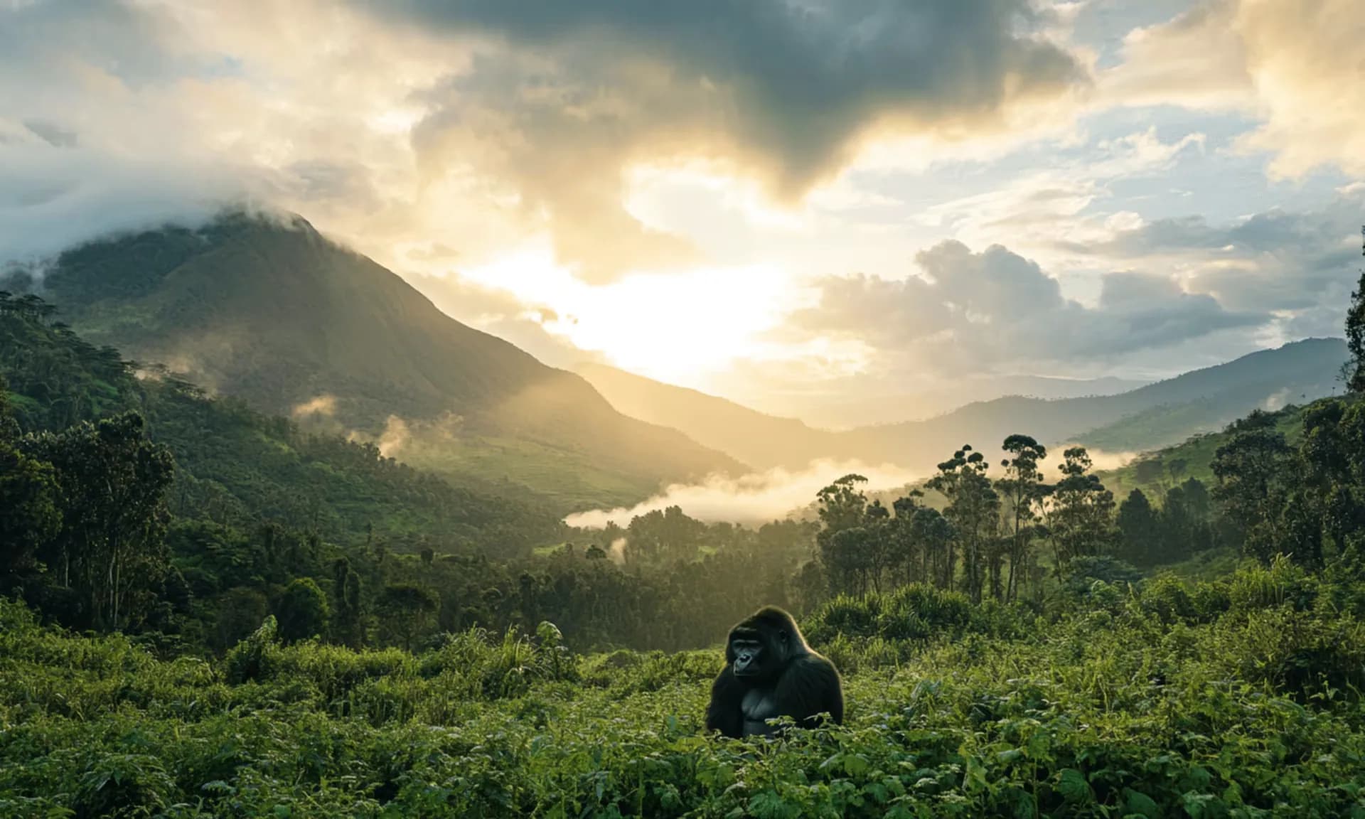 Gorilla sitting in green undergrowth below a cloud-covered volcano at sunrise